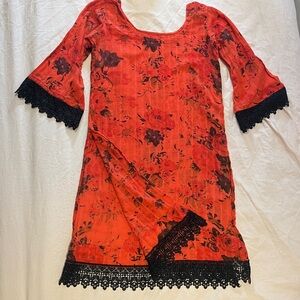 Floral and lacy dark red Dress with Black Lace Trim